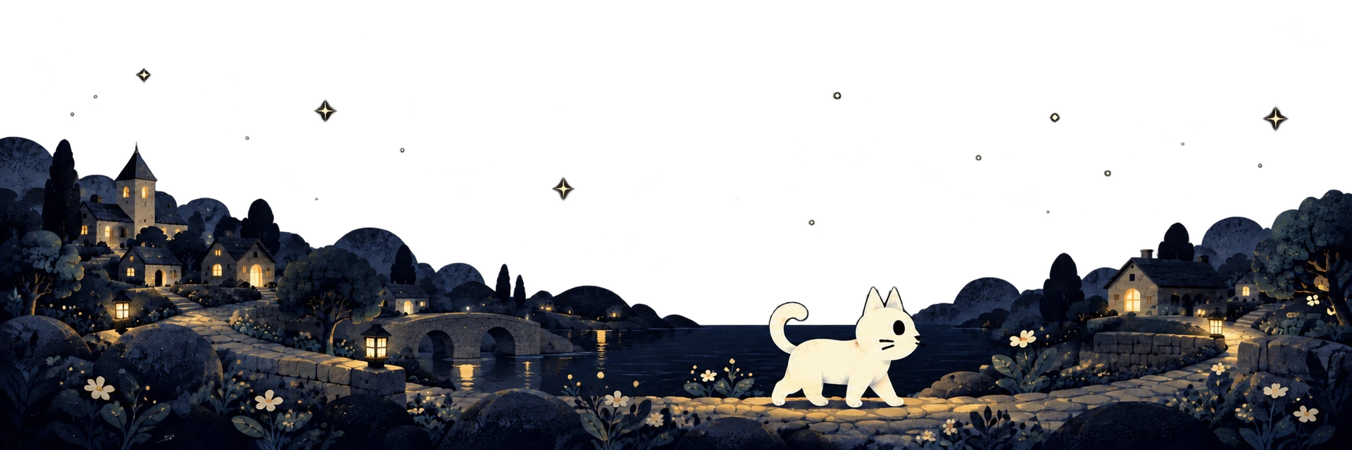 Gato caminhando pela vila à noite